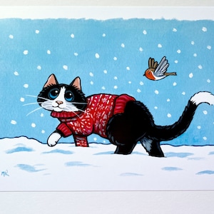 Cat and Robin Winter Snow A4 Art Print