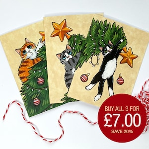 Cartes de Noël chat de Noël mignonnes et amusantes - 3 motifs de chats espiègles pour les fêtes - A6 avec enveloppes kraft