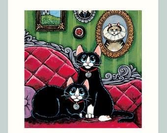 Cat Art Print, Black & White Cats, Victoriana Gothic Style Living Room, 8x8 inch