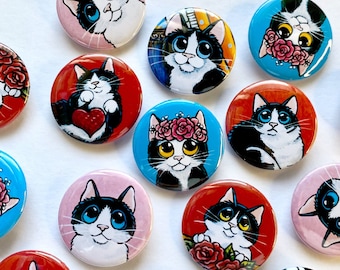 Cat Art Button Badges, Tuxedo Cats, 25mm, 6 designs