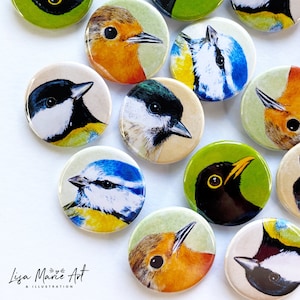 May include: A collection of colorful round buttons featuring various bird and animal illustrations. The buttons are arranged in a circular pattern on a white background. The buttons feature a variety of birds, including a bluebird, a robin, a titmouse, and a blackbird. The buttons are all approximately 2 inches in diameter.