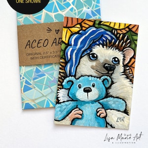 オリジナル ACEO 絵画、眠そうなハリネズミと青いクマ、リサ マリー ロビンソンによるミニチュア アート