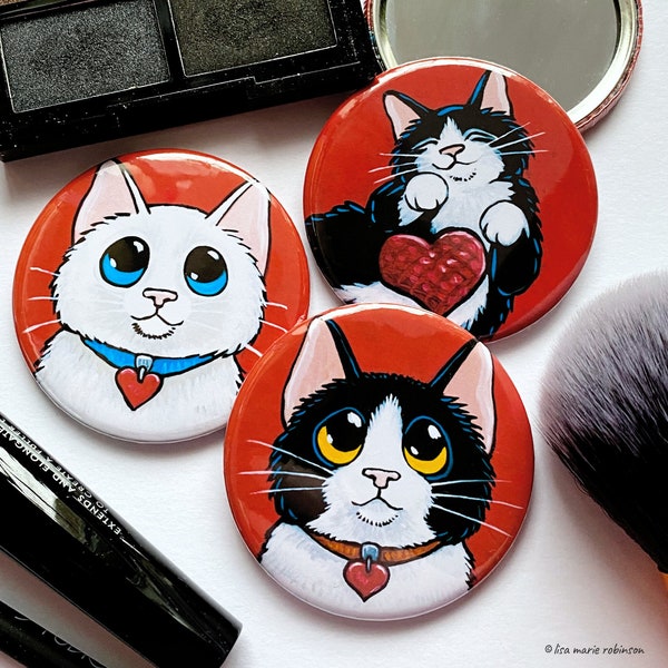 Cute Valentine Cat Pocket Mirrors 58mm, 3 Designs Tuxedo Cat White Cat Sleeping Cat