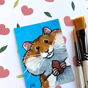 Cheeky Hamster ACEO ミニチュア絵画、かわいいハムスターアート、オリジナル動物イラスト、ペット愛好家へのギフト