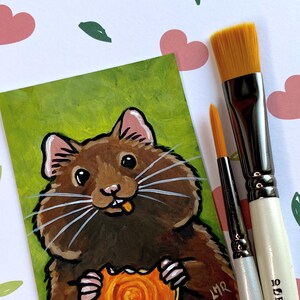 Cheeky Hamster ACEO ミニチュア絵画、小さな動物のアートワーク、かわいいハムスターのギフト、オリジナルアート