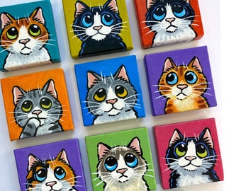 Colourful Cat Mini Canvas Fridge Magnets, Hand-painted One of a Kind, 5x5cm, Handmade Gifts by Lisa Marie Robinson