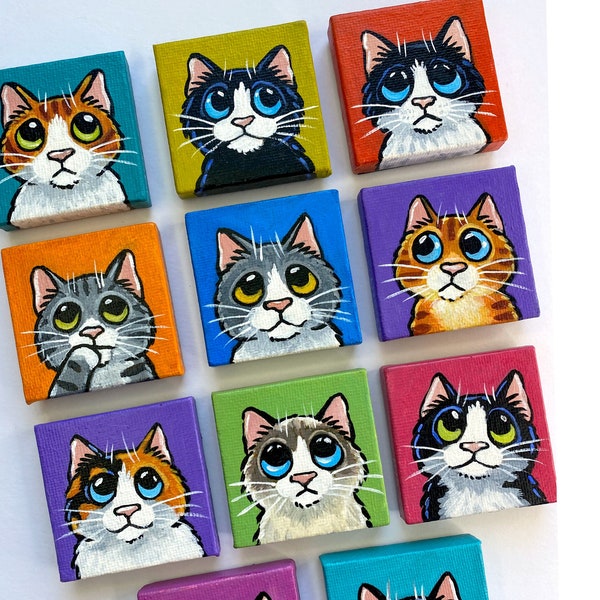 Colourful Cat Mini Canvas Fridge Magnets, Hand-painted One of a Kind, 5x5cm, Handmade Gifts by Lisa Marie Robinson