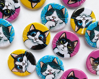 Cute Cat Art Button Badges, Black & White Cats, 25mm, 3 designs