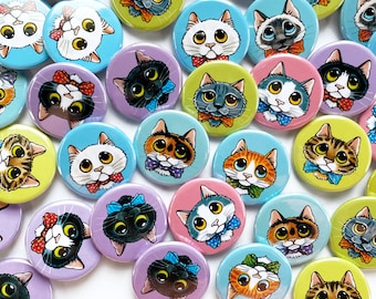 Dapper Cat Button Badges - Bow Tie Kitties, 9 Designs, 25mm, 1 inch