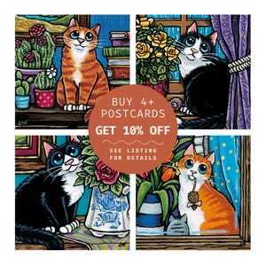 Cartes postales fantaisistes de chats - Choisissez parmi 4 modèles représentant des chats avec des fleurs et des cactus