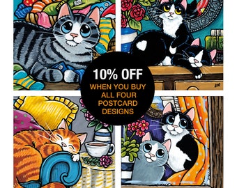 Cats at Home Postcards | Choose from 4 Designs or Buy As Set | Tuxedo Cats, Sleepy Cats, Tabby Cats