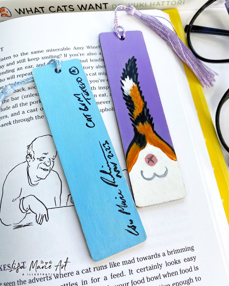 Cat Butt Mini Bookmarks, Hand Painted, Wooden with Tassel image 2
