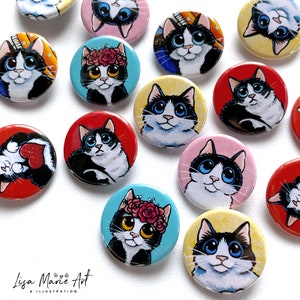 Cat Art Badges, Tuxedo Cats, 25mm, Choose from 6 designs