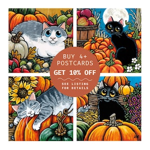 Cartes postales de citrouilles et de chats d'Halloween | Choisissez parmi 4 modèles | Chats noirs, chat tigré