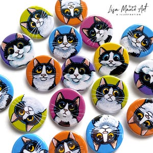 Cute Cat Art Badges, Black & White Cats, 25mm, 5 designs to choose from