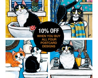 Mischievous Bathroom Cat Postcards | Choose from 4 Designs or Buy As Set