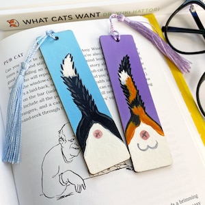 Cat Butt Mini Bookmarks, Hand Painted, Wooden with Tassel image 1