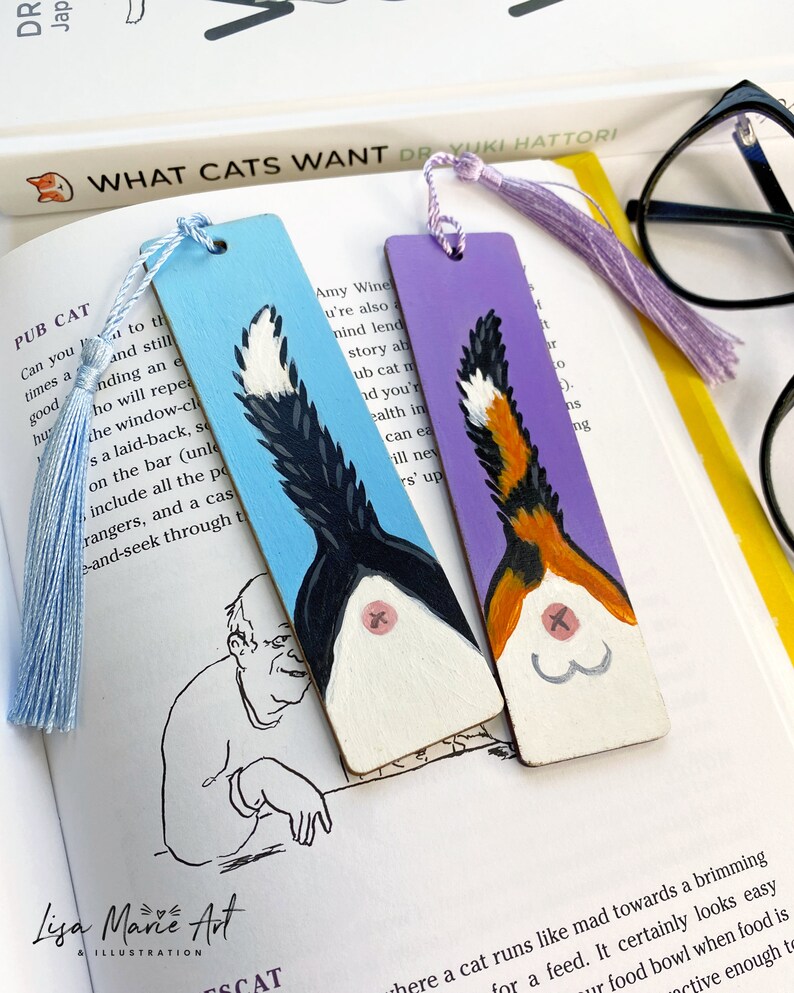 Cat Butt Mini Bookmarks, Hand Painted, Wooden with Tassel image 1