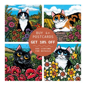 Cartes postales fantaisistes de chats – Choisissez parmi 4 modèles représentant des chats avec des fleurs sauvages des coquelicots jonquilles