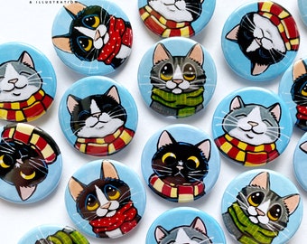 Scarf Wearing Cats, Cat Art Button Badges, Winter Cats, 25mm, 5 designs to choose from