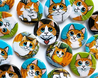 Cat Button Badges - Ginger & White Tabby Cats, 7 Designs, 25mm, 1 inch