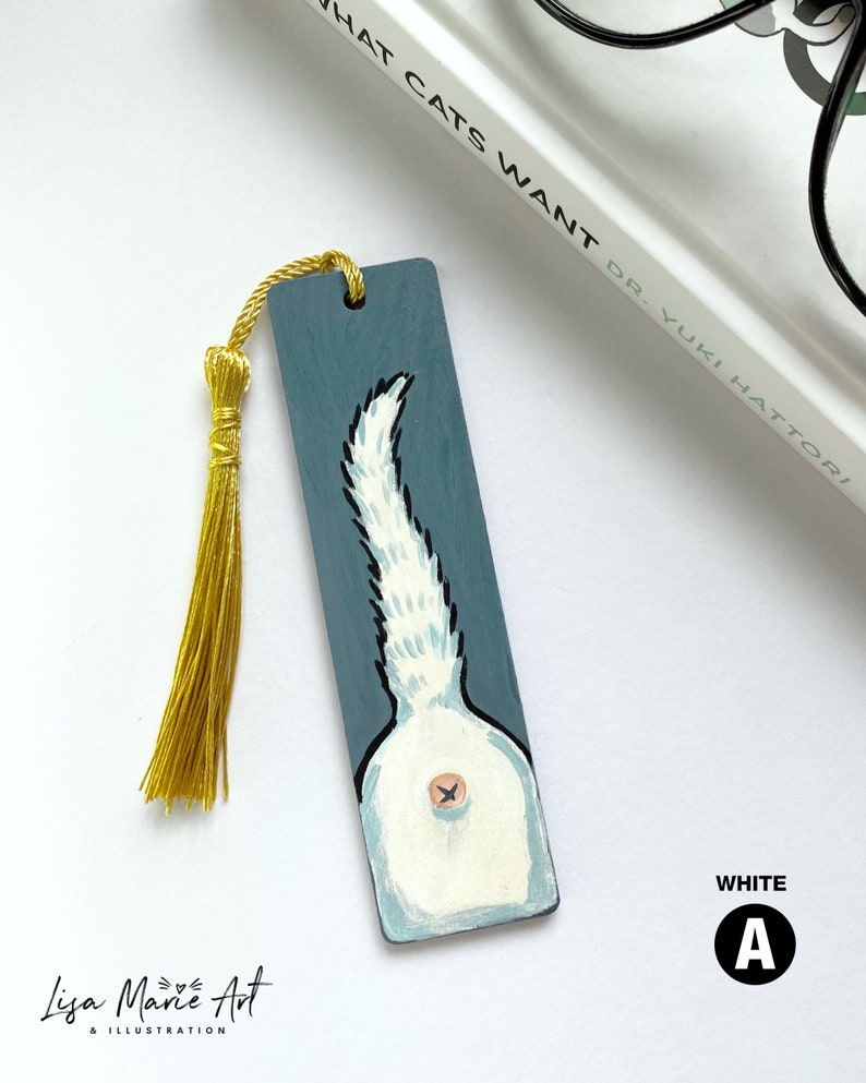 Cat Butt Mini Bookmarks, Hand Painted, Wooden with Tassel White Cat Bum #A