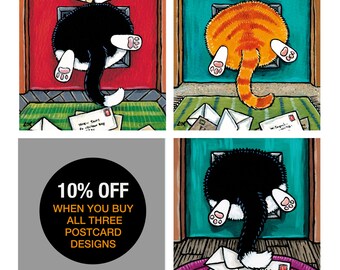 Fat Cat Bums in Cat Flaps Postcards | Choose from 3 Designs or Buy As Set