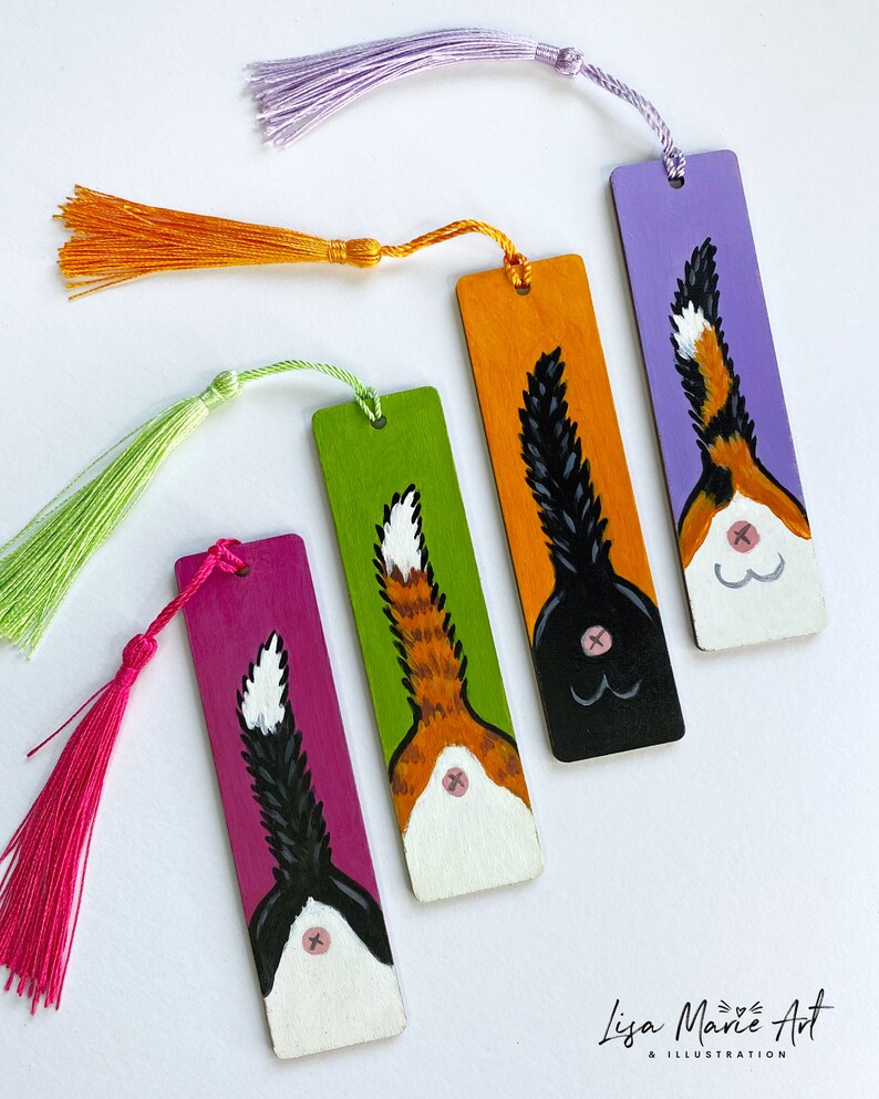 Cat Butt Mini Bookmarks, Hand Painted, Wooden with Tassel image 3