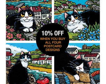 Whitby Inspired Coastal Cat Postcards | Choose from 4 Designs or Buy As Set