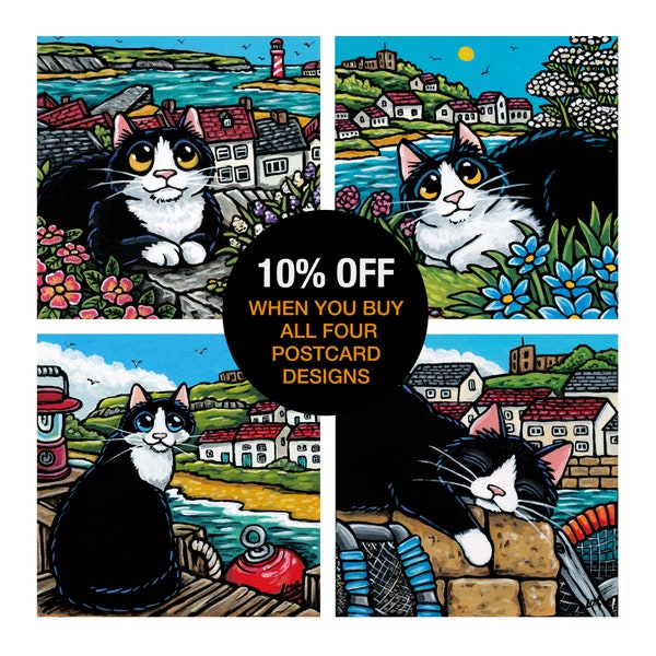 Whitby Inspired Coastal Cat Postcards | Choose from 4 Designs or Buy As Set