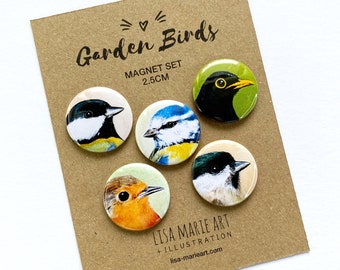 Garden Bird Fridge Magnet Set, Mini 25mm, Robin, Blackbird, Blue Tit