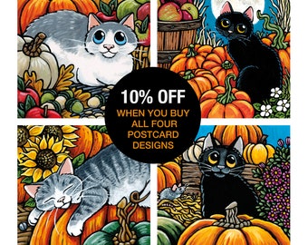 Halloween Pumpkins and Cats Postcards | Choose from 4 Designs or Buy As Set | Black Cats, Tabby Cat