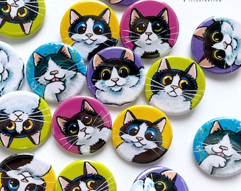 Cute Cat Art Button Badges, Black & White Cats, 25mm, 5 designs to choose from