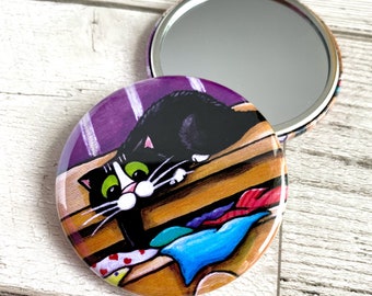 Naughty Cat in Drawer Pocket Mirror | Cat Hand Mirror | 58mm