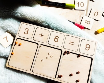 Tablero de matemáticas Montessori de madera: Bandeja para el aprendizaje temprano de los números