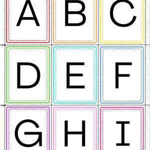 May include: Nine colorful flash cards with uppercase letters A through I. Each card has a white background and a black letter in the center. The cards are bordered with a dotted line in a different color for each card.