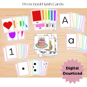 Paquete de tarjetas didácticas para preescolar: letras mayúsculas y minúsculas, números, colores, formas y palabras que riman. Tarjetas didácticas y educativas.