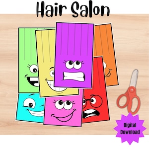 Puede incluir: Ilustración colorida con el texto "Hair Salon". Seis caras rectangulares de colores, cada una con una expresión diferente. También hay unas tijeras naranjas y una estrella morada "Digital Download".