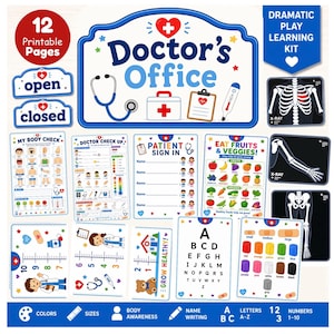 May include: A 12-page printable doctor's office dramatic play learning kit featuring signs, patient forms, X-ray images, a body check chart, a fruit and vegetable guide, a growth chart, an eye exam chart, and a color identification sheet.