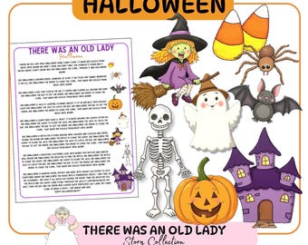 以下が含まれることがあります： ハロウィーンをテーマにしたイラスト。ほうきに乗った魔女、骸骨、カボチャ、幽霊、クモ、キャンディーコーン、コウモリが描かれています。「ハロウィーン」と「There Was An Old Lady Story Collection」の文字も含まれています。
