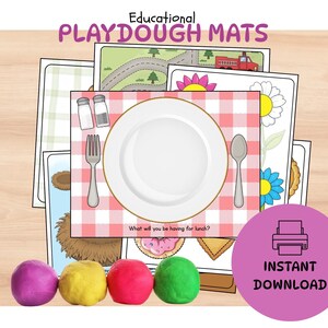 May include: Educational Playdough Mats with various designs, including a road, flowers, and a picnic setting. The picnic mat features a plate, fork, and spoon. Four balls of playdough in purple, yellow, red, and green are in the foreground. Text includes "What will you be having for lunch?" and "Instant Download."