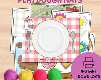 May include: Educational Playdough Mats with various designs, including a road, flowers, and a picnic setting. The picnic mat features a plate, fork, and spoon. Four balls of playdough in purple, yellow, red, and green are in the foreground. Text includes "What will you be having for lunch?" and "Instant Download."