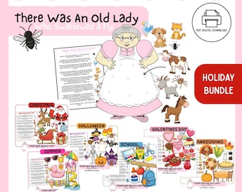 May include: A digital download bundle featuring the story "There Was An Old Lady Who Swallowed a Fly." The image includes illustrations of the old lady, animals, and holiday-themed pages for Christmas, Halloween, Valentine's Day, and more.