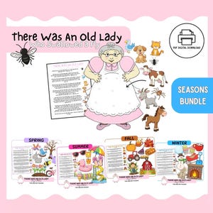 Puede incluir: Un paquete de descarga digital con la historia "There Was An Old Lady Who Swallowed a Fly" con temas de temporada. La imagen incluye ilustraciones de la anciana, animales y elementos de temporada como flores de primavera, artículos de playa de verano, calabazas de otoño y nieve de invierno.