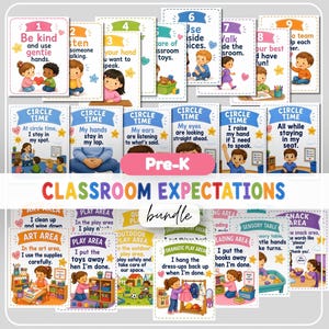 May include: A collection of educational posters for a classroom, featuring colorful illustrations of children and text detailing expectations like Be kind, Circle time, and Art area. The bundle includes various signs with rules for behavior.