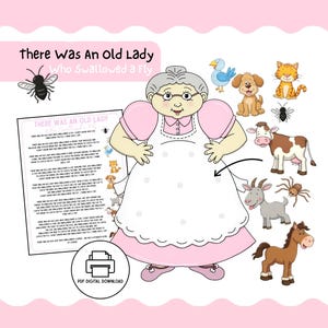 Może przedstawiać: Cyfrowe pobieranie z kreskówkową ilustracją starej damy otoczonej przez różne zwierzęta. Obraz zawiera tekst "There Was An Old Lady Who Swallowed a Fly" i ikonę pobierania cyfrowego PDF. Paleta kolorów obejmuje różowy, biały i różne kolory zwierząt.