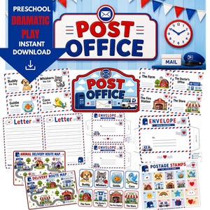 Peut inclure: Ensemble de matériel de jeu dramatique préscolaire imprimable sur le thème du bureau de poste. Comprend des enseignes, des enveloppes, des timbres, des cartes de parcours et des cartes de personnages avec des animaux et des bâtiments. Le panneau principal indique "POST OFFICE".