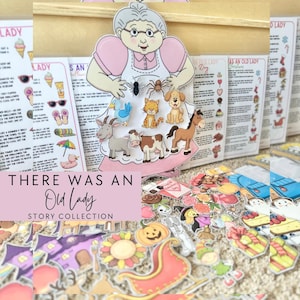 Alte Dame, die eine Fliege geschluckt hat Story Visuelles Set: Laminiertes Vorschul-Storytelling mit Klettverschluss