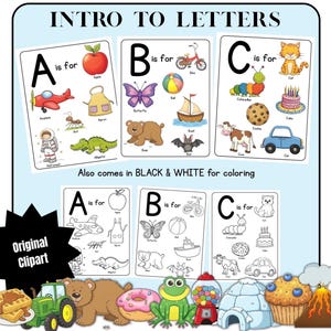 May include: Educational flashcards with the text "INTRO TO LETTERS" feature colorful illustrations for the letters A, B, and C. Each letter has corresponding images, such as an apple, a butterfly, and a cat. Also includes black and white versions.