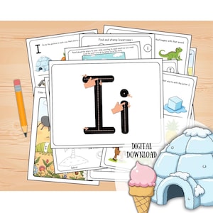 May include: A printable worksheet for learning the letter 'I' with a dotted line for tracing the uppercase and lowercase letters. The worksheet includes images of an igloo, an ice cube, and an iguana.